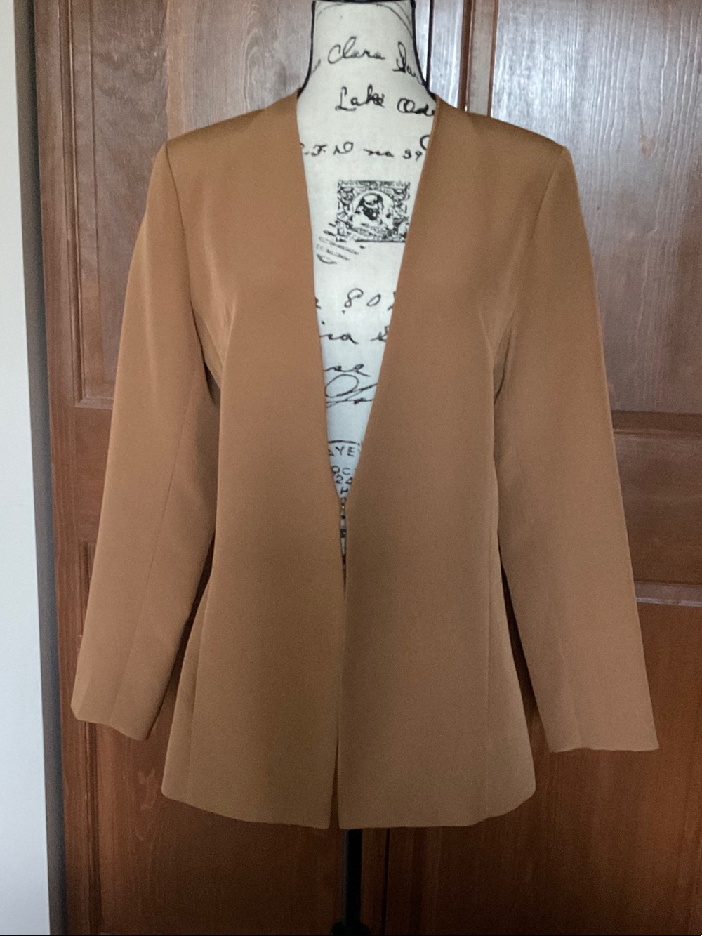 Tailored Open-Front Collarless Camel Blazer Jacket